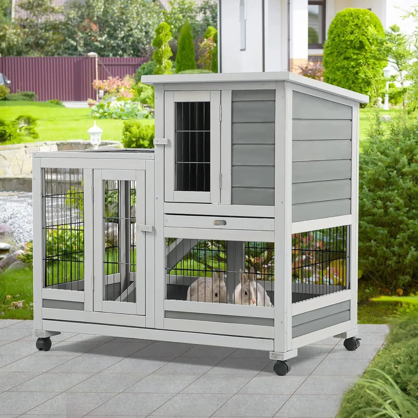 Rabbit Hutch Pet House for Small Animals 35.4/37 inches Guinea Pig Cage with Run Bunny House Indoor 4 Casters Removable Indoor