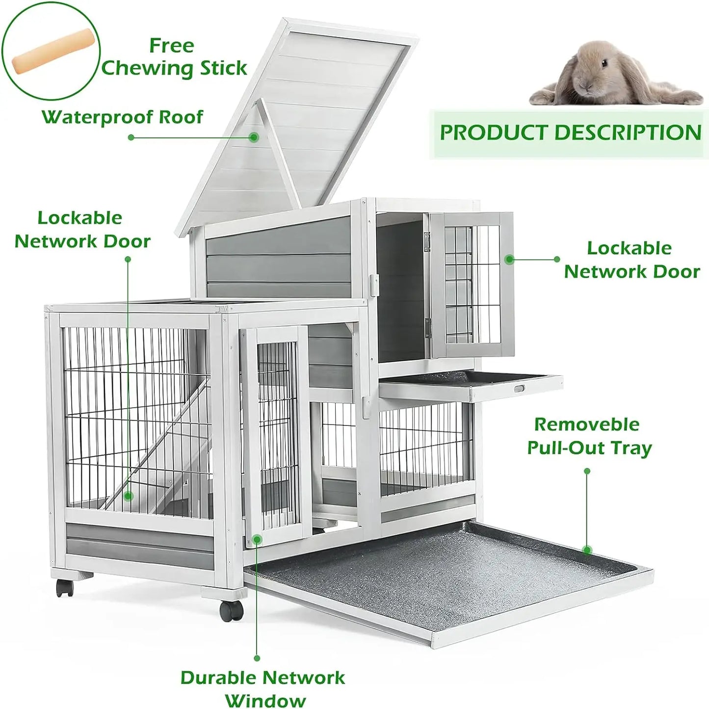 Rabbit Hutch Pet House for Small Animals 35.4/37 inches Guinea Pig Cage with Run Bunny House Indoor 4 Casters Removable Indoor