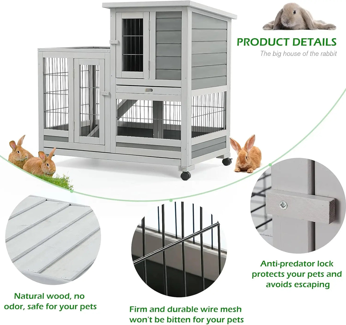 Rabbit Hutch Pet House for Small Animals 35.4/37 inches Guinea Pig Cage with Run Bunny House Indoor 4 Casters Removable Indoor